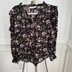 LOFT Black Floral Blouse with Pink and Green Accents Size XS
